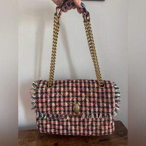 ❤️❤️KURT GEIGER Shoulder Handbag Red Black Fabric Woven Fringe Gold Chain Strap